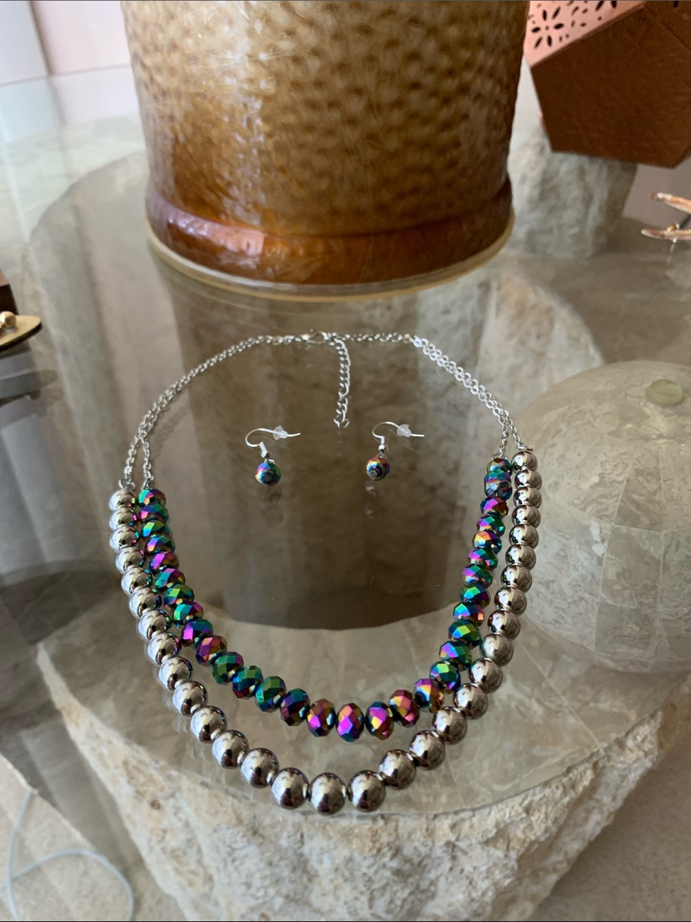 Iridescent Multi-Color & Silver Layered Beaded Necklace with Matching Earrings
